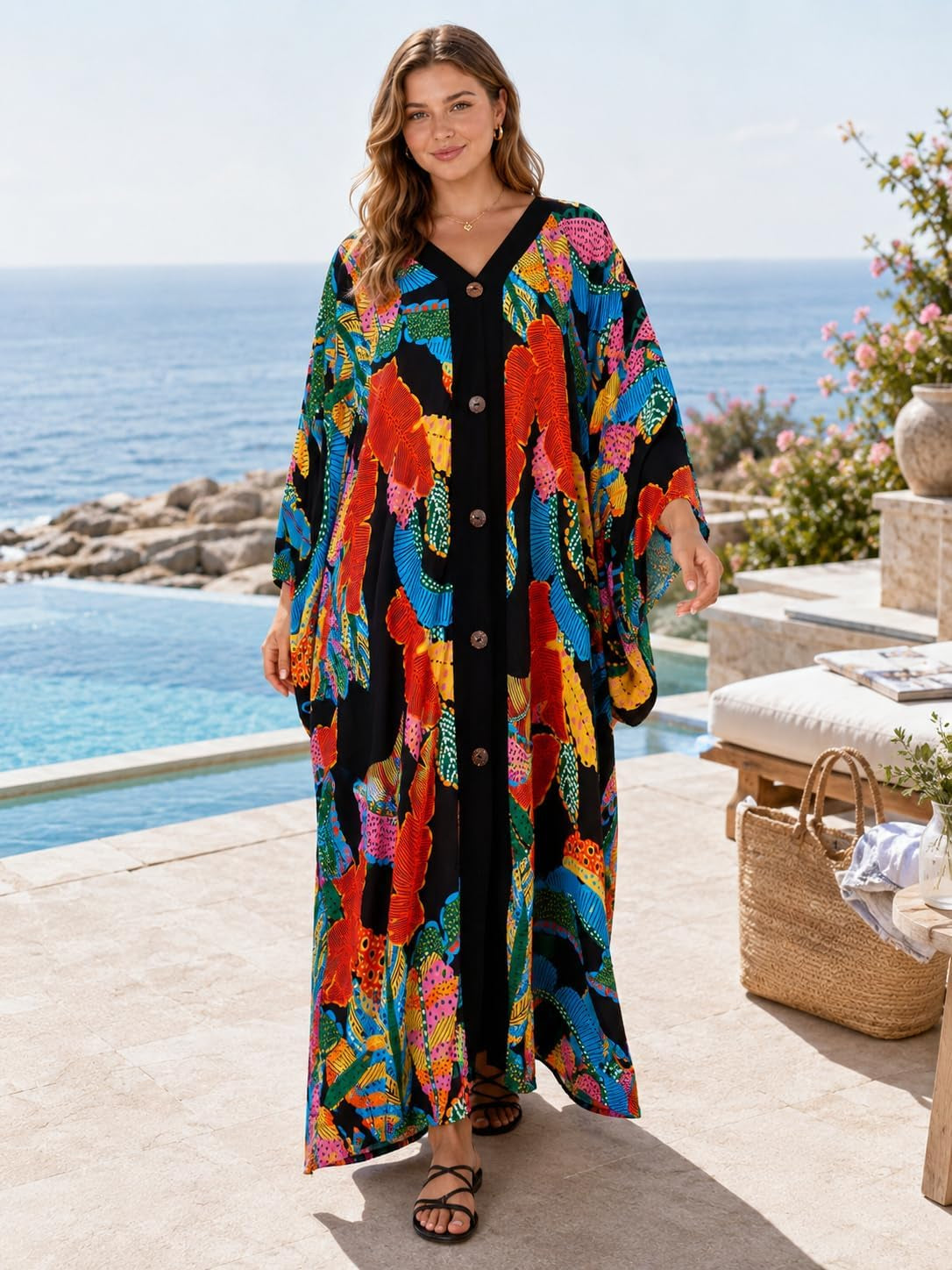 Caftans for Women plus Size V-Neck Batwing Sleeve Kaftan Dress for Beach Swimwear Cover-Up Loungewear Mumu Dresses