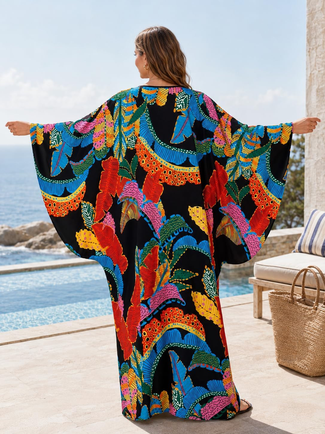 Caftans for Women plus Size V-Neck Batwing Sleeve Kaftan Dress for Beach Swimwear Cover-Up Loungewear Mumu Dresses
