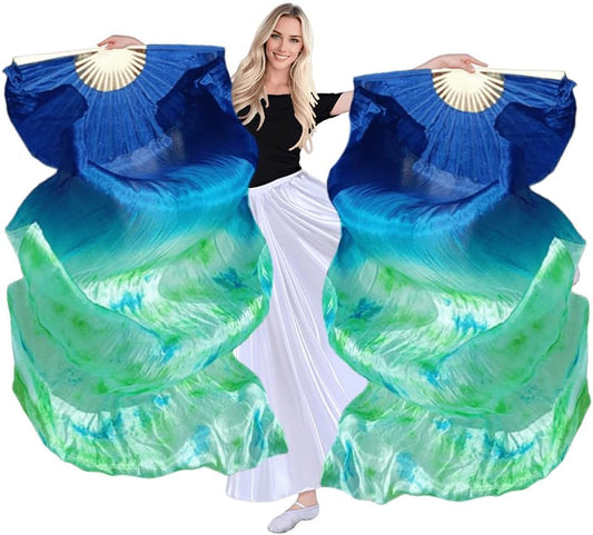 1 Pair(Left+Right) Women Hand Made Real Silk Belly Dance Fan Veils, Giadient Color Length 180Cm Width 90Cm