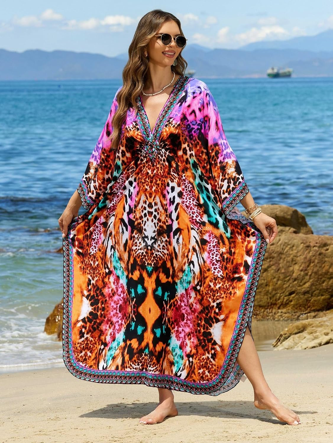 Kaftan Dresses for Women plus Size V-Neck Moo Moos Batwing Kaftan Beach Dress Bathing Suit Cover-Up Loungewear
