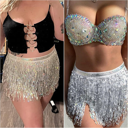 Sequin Tassel Hip Scarf Sequin Tassel Skirts Rave Fringe Hip Scarf for Festival Belly Dance Skirt
