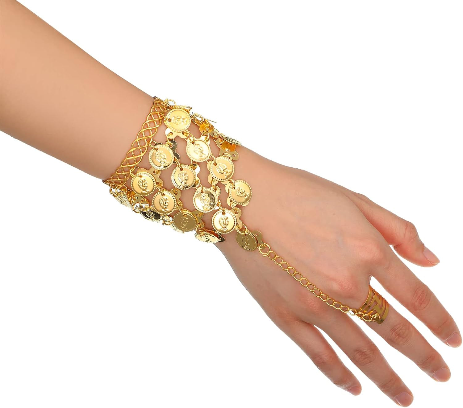 Belly Dance Jewelry Set Women Belly Dance Gold Sequins Head Chain Coins Necklace Earrings Bracelets Bohemian Tassel Anklet Chain Hand Ring Bracelet Anklet Coin Veil Necklace
