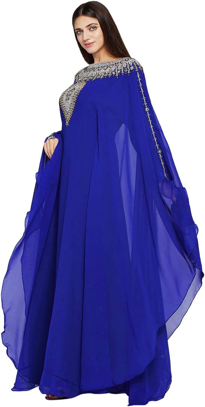 Women Dubai Kaftan Farasha Caftan Long Maxi Dress Long Sleeves Georgette Ethnic, Bridal, Evening, Party with Free Scarf