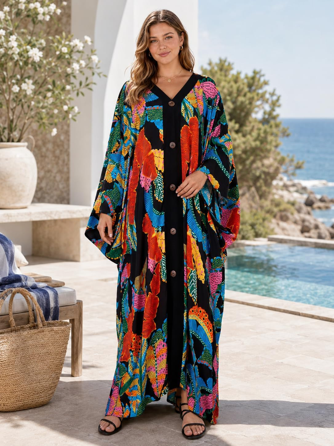Caftans for Women plus Size V-Neck Batwing Sleeve Kaftan Dress for Beach Swimwear Cover-Up Loungewear Mumu Dresses