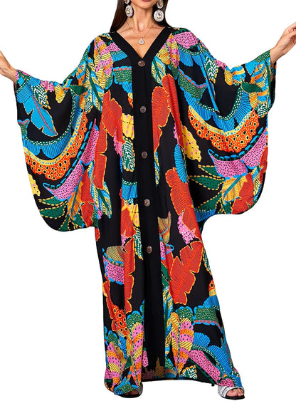 Caftans for Women plus Size V-Neck Batwing Sleeve Kaftan Dress for Beach Swimwear Cover-Up Loungewear Mumu Dresses