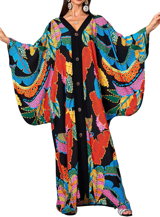 Caftans for Women plus Size V-Neck Batwing Sleeve Kaftan Dress for Beach Swimwear Cover-Up Loungewear Mumu Dresses