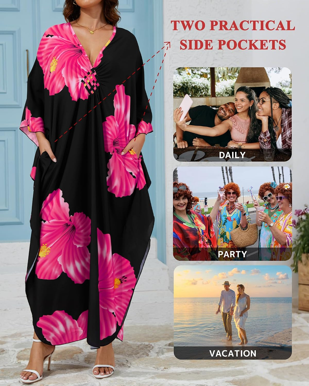 Women Moo Moos Kaftan Dress Floral Print Swimsuit Coverup Caftan | Lightweight Fabric, Deep V-Neck with Batwing Sleeves, One-Size-Fits-All Loungewear or Beach Dress