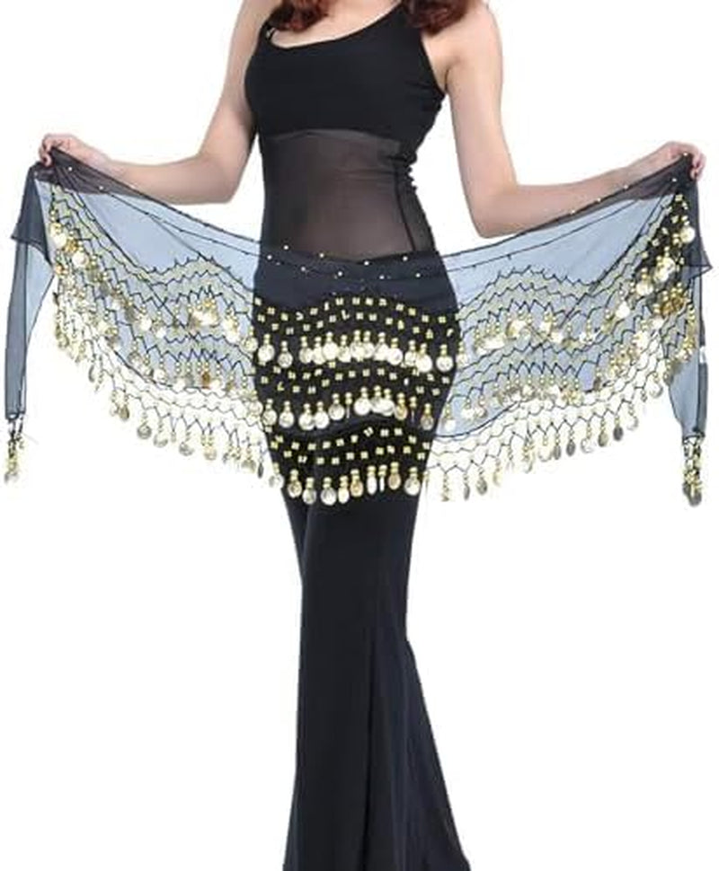 Hip Scarf for Belly Dancing, Women'S Belly Dance Scarf with 128 Gold Coins Skirts for Bellydance, Zumba or Yoga Class