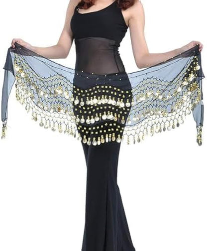 Hip Scarf for Belly Dancing, Women'S Belly Dance Scarf with 128 Gold Coins Skirts for Bellydance, Zumba or Yoga Class