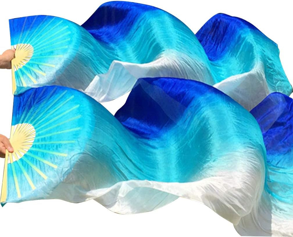 1 Pair(Left+Right) Women Real Silk Belly Dance Fan Veil, Length 180Cm Width 90Cm