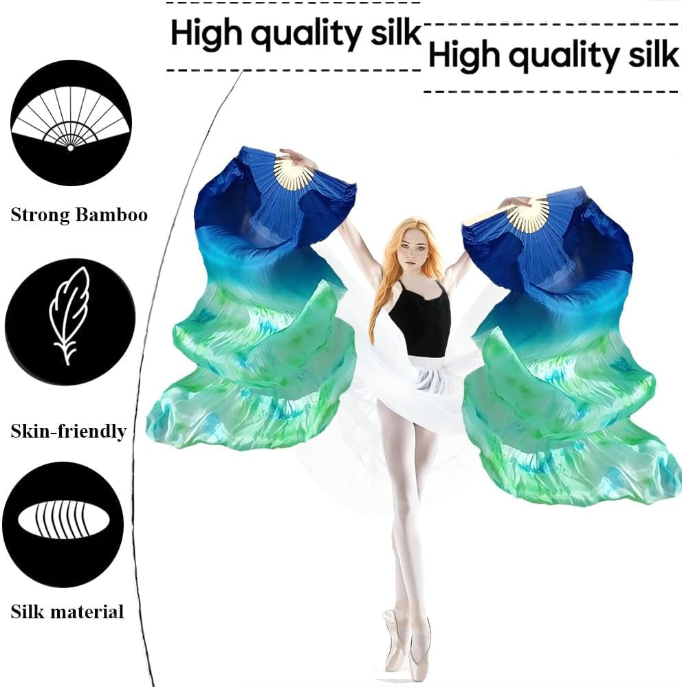 1 Pair(Left+Right) Women Hand Made Real Silk Belly Dance Fan Veils, Giadient Color Length 180Cm Width 90Cm
