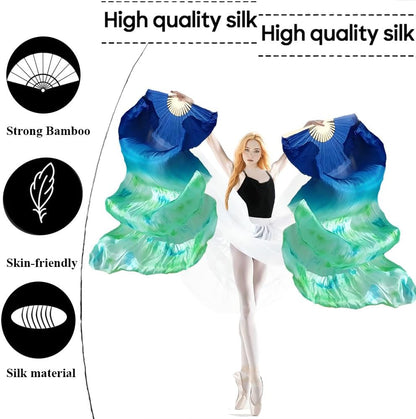 1 Pair(Left+Right) Women Hand Made Real Silk Belly Dance Fan Veils, Giadient Color Length 180Cm Width 90Cm
