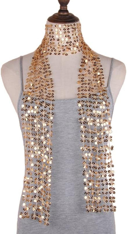 Womens Sequins Scarf Belly Dance Waist Belt Sparkly Headscarf Fashion Fringe Shawl Wrap Sparkle Necktie for Party 59.06"