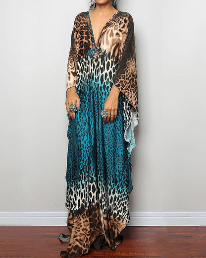Women Ethnic Print Kaftan Beach Dress plus Size Swimsuit Cover up | Lightweight and Comfortable Swimwear, Batwing Sleeves Caftans, Loungerwear or Outdoor Walking
