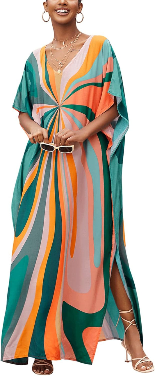 Women'S plus Size Beach Lounge Kaftan Maxi Dress Swimsuit Coverup for Women
