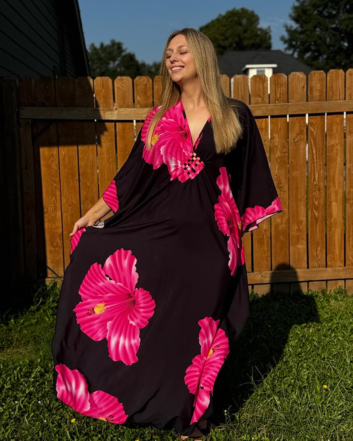 Women Moo Moos Kaftan Dress Floral Print Swimsuit Coverup Caftan | Lightweight Fabric, Deep V-Neck with Batwing Sleeves, One-Size-Fits-All Loungewear or Beach Dress