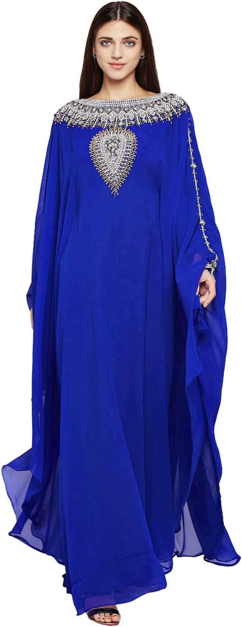 Women Dubai Kaftan Farasha Caftan Long Maxi Dress Long Sleeves Georgette Ethnic, Bridal, Evening, Party with Free Scarf