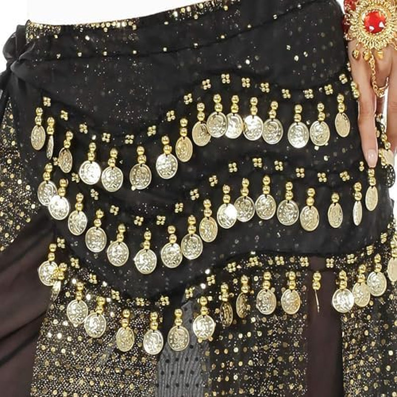 Hip Scarf for Belly Dancing, Women'S Belly Dance Scarf with 128 Gold Coins Skirts for Bellydance, Zumba or Yoga Class