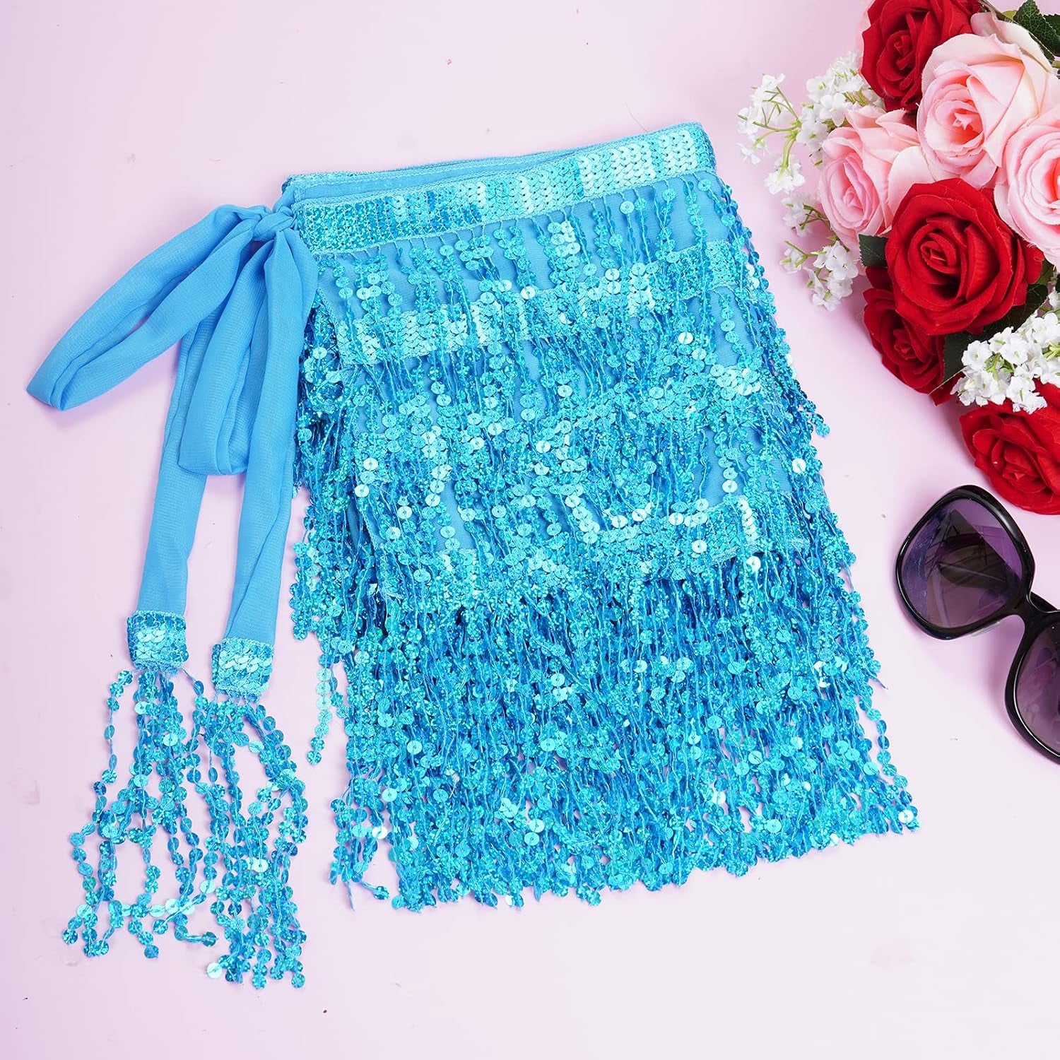 Belly Dance Hip Scarf Sequin Tassel Skirt Wrap Sparkly Rave Costume for Women