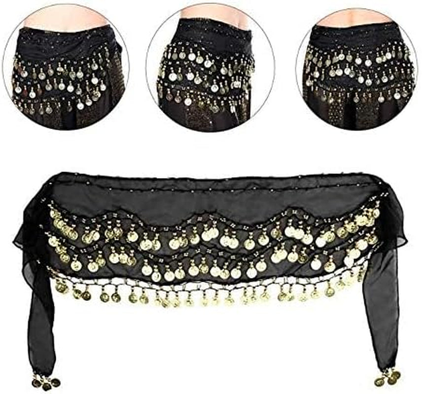 Hip Scarf for Belly Dancing, Women'S Belly Dance Scarf with 128 Gold Coins Skirts for Bellydance, Zumba or Yoga Class