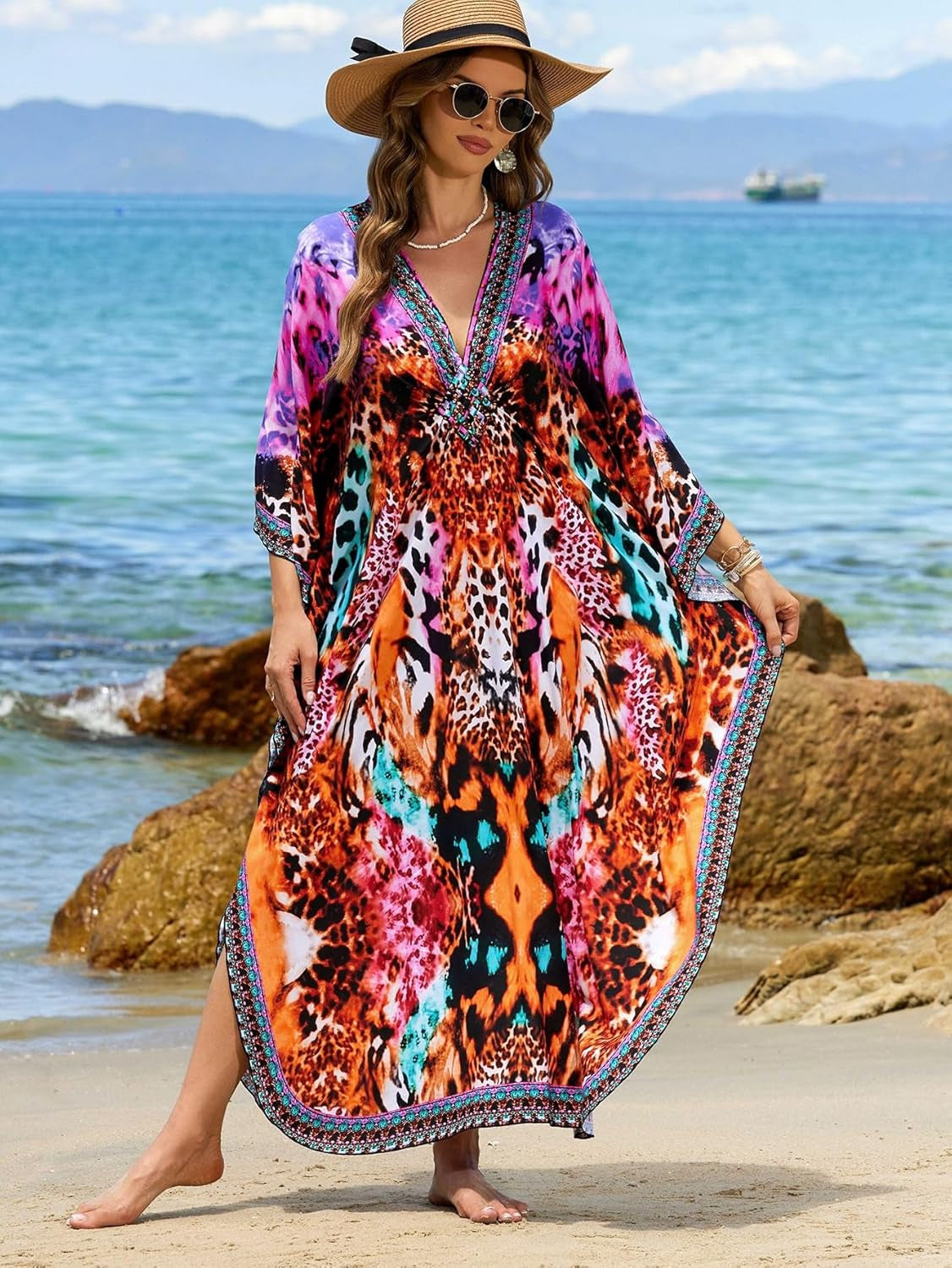 Kaftan Dresses for Women plus Size V-Neck Moo Moos Batwing Kaftan Beach Dress Bathing Suit Cover-Up Loungewear