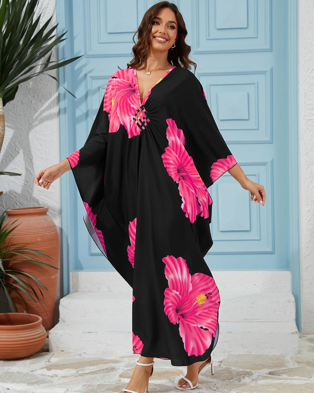Women Moo Moos Kaftan Dress Floral Print Swimsuit Coverup Caftan | Lightweight Fabric, Deep V-Neck with Batwing Sleeves, One-Size-Fits-All Loungewear or Beach Dress