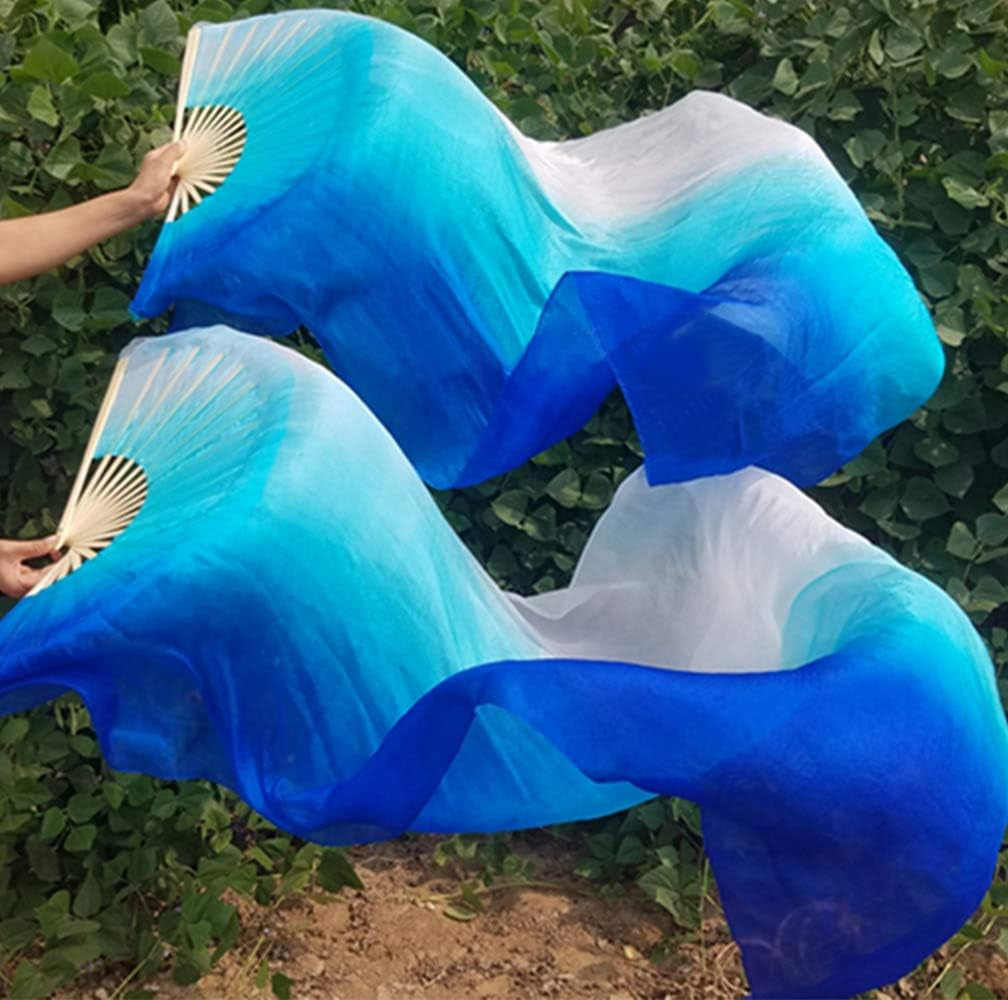 1 Pair(Left+Right) Women Real Silk Belly Dance Fan Veil, Length 180Cm Width 90Cm
