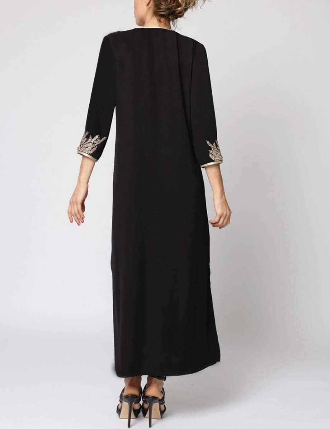 Golden Embroidery Swimsuit Cover Ups for Women 3/4 Sleeve Side Spilt Beach Long Kaftan Dress