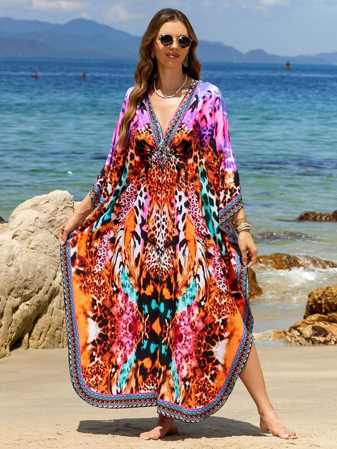 Kaftan Dresses for Women plus Size V-Neck Moo Moos Batwing Kaftan Beach Dress Bathing Suit Cover-Up Loungewear