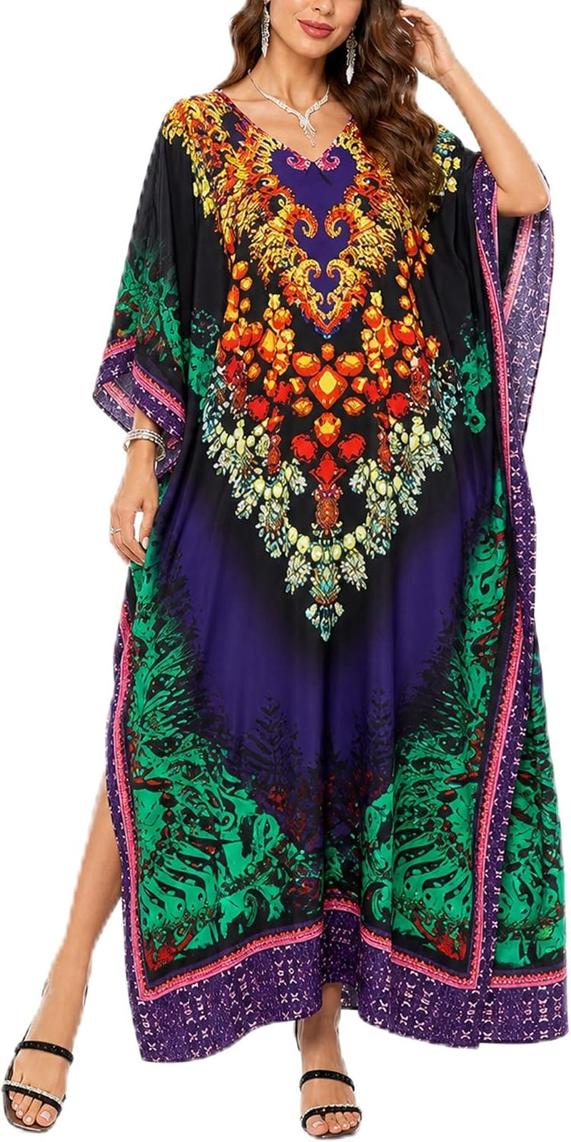 Women Polyester Casual Long plus Size Beach Caftan Cover up Maxi Dress 1X–3X Summer Kaftan Dresses for Women