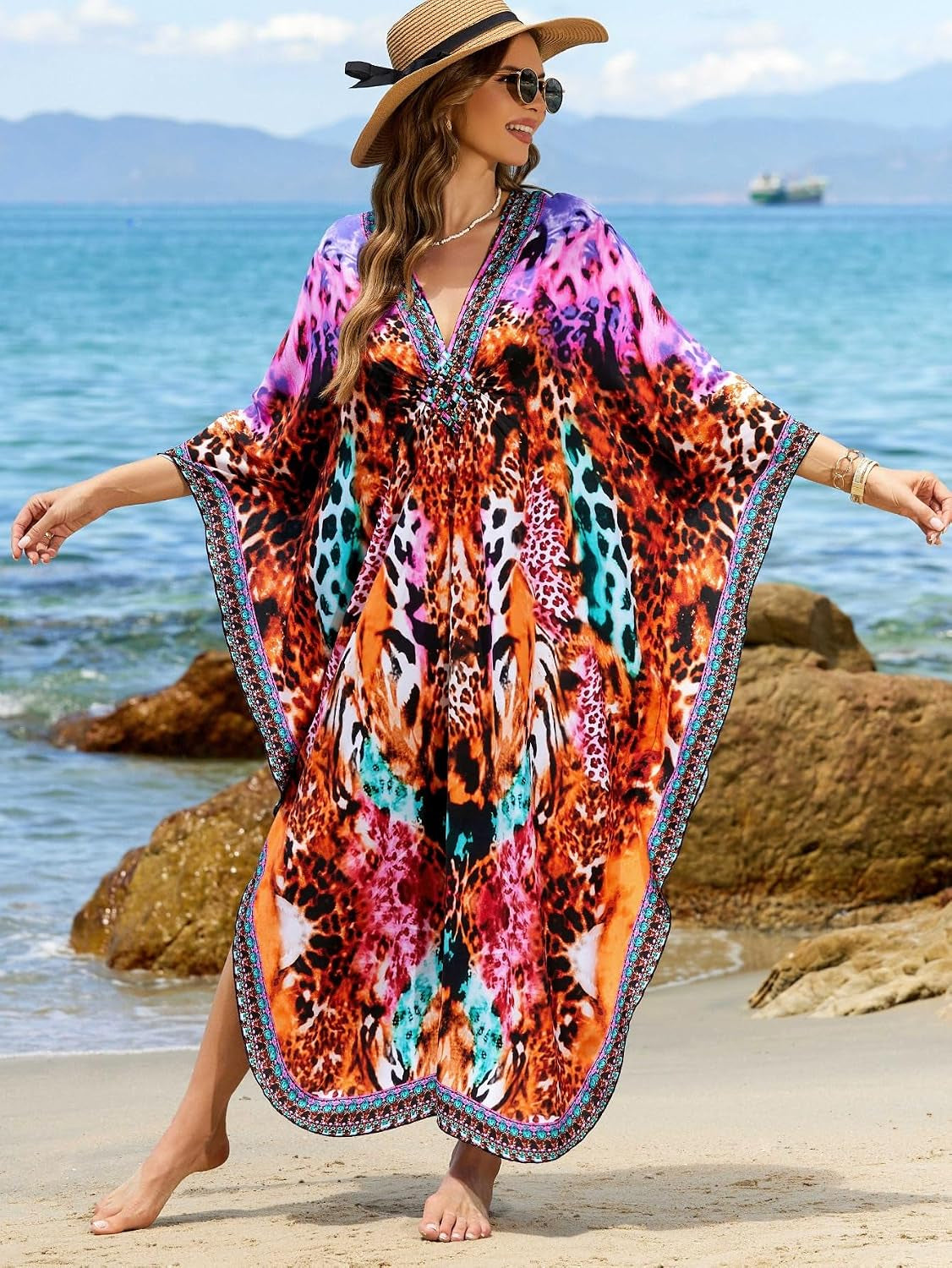 Kaftan Dresses for Women plus Size V-Neck Moo Moos Batwing Kaftan Beach Dress Bathing Suit Cover-Up Loungewear