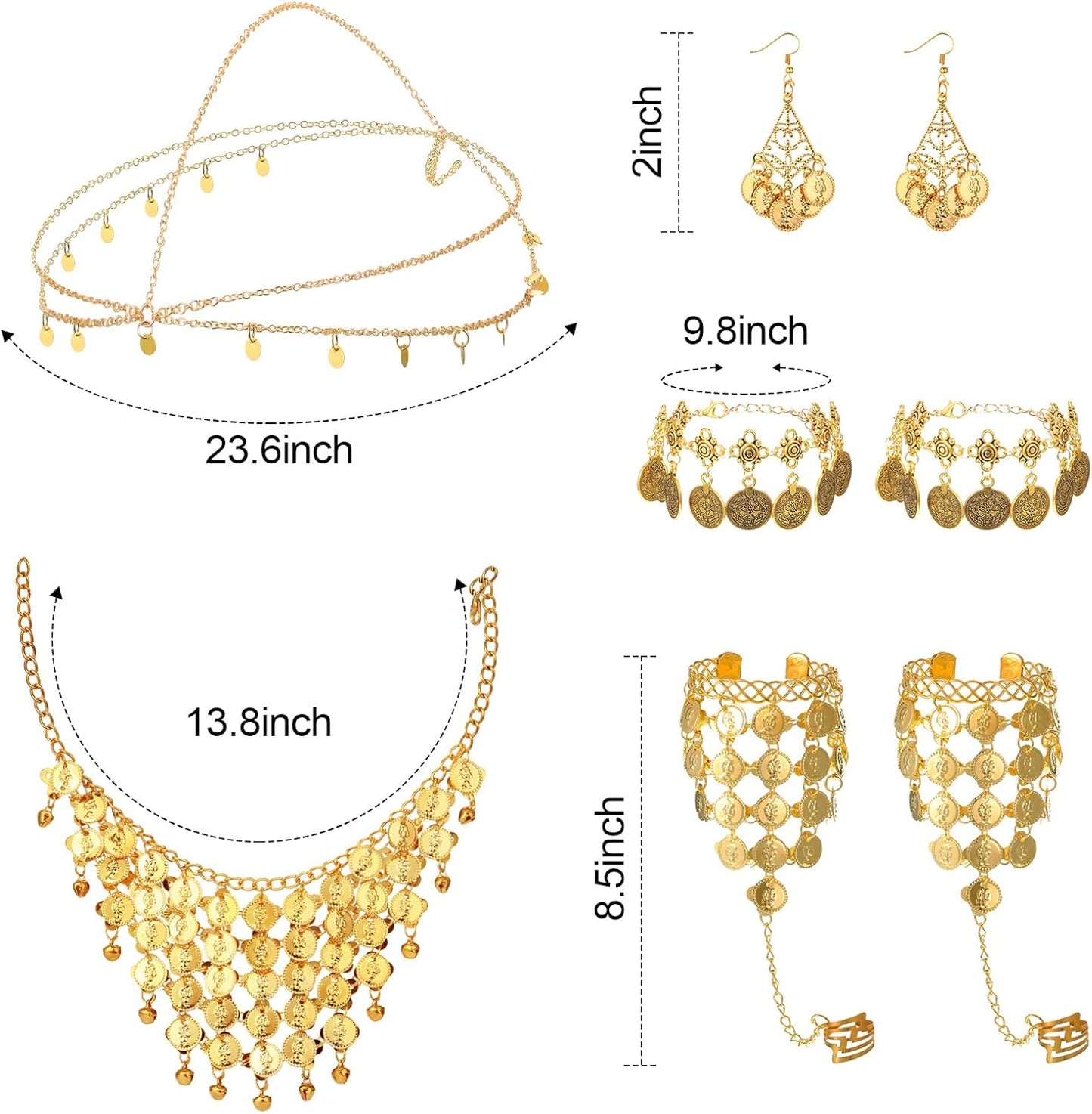 Belly Dance Jewelry Set Women Belly Dance Gold Sequins Head Chain Coins Necklace Earrings Bracelets Bohemian Tassel Anklet Chain Hand Ring Bracelet Anklet Coin Veil Necklace