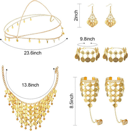 Belly Dance Jewelry Set Women Belly Dance Gold Sequins Head Chain Coins Necklace Earrings Bracelets Bohemian Tassel Anklet Chain Hand Ring Bracelet Anklet Coin Veil Necklace
