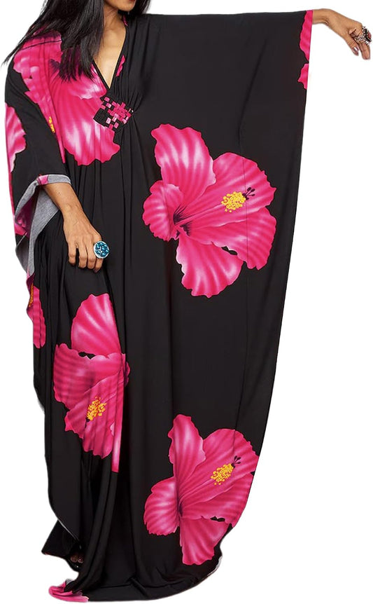 Women Moo Moos Kaftan Dress Floral Print Swimsuit Coverup Caftan | Lightweight Fabric, Deep V-Neck with Batwing Sleeves, One-Size-Fits-All Loungewear or Beach Dress