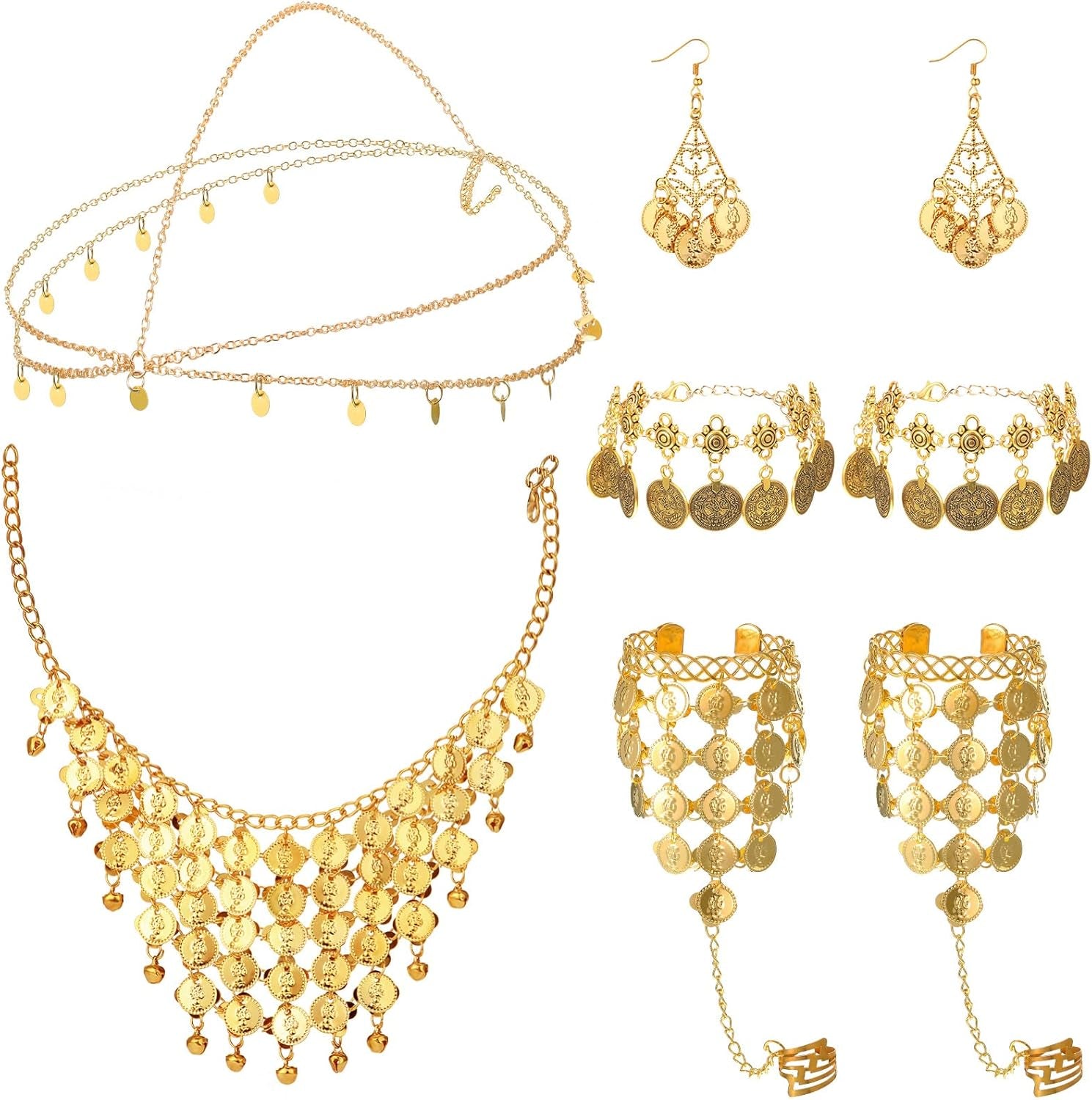 Belly Dance Jewelry Set Women Belly Dance Gold Sequins Head Chain Coins Necklace Earrings Bracelets Bohemian Tassel Anklet Chain Hand Ring Bracelet Anklet Coin Veil Necklace