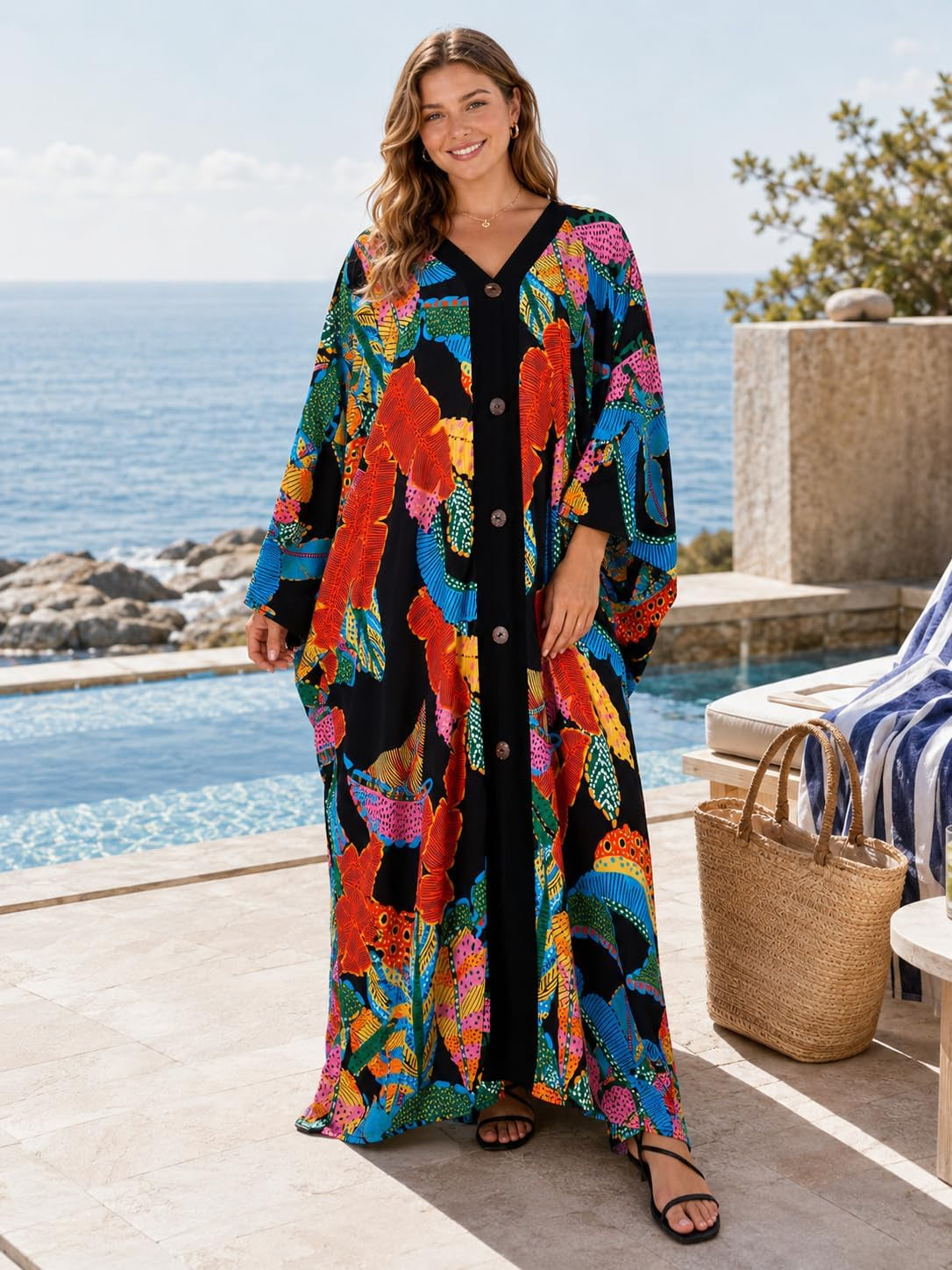 Caftans for Women plus Size V-Neck Batwing Sleeve Kaftan Dress for Beach Swimwear Cover-Up Loungewear Mumu Dresses