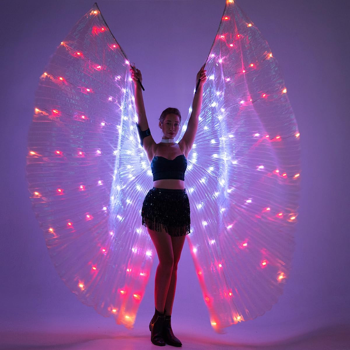 LED Isis Wings Glow Light up Belly Dance Costumes with Sticks Performance Clothing Carnival Halloween