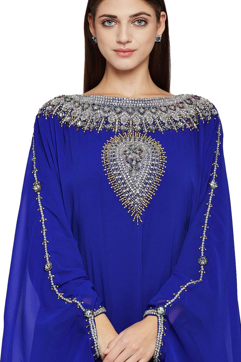 Women Dubai Kaftan Farasha Caftan Long Maxi Dress Long Sleeves Georgette Ethnic, Bridal, Evening, Party with Free Scarf