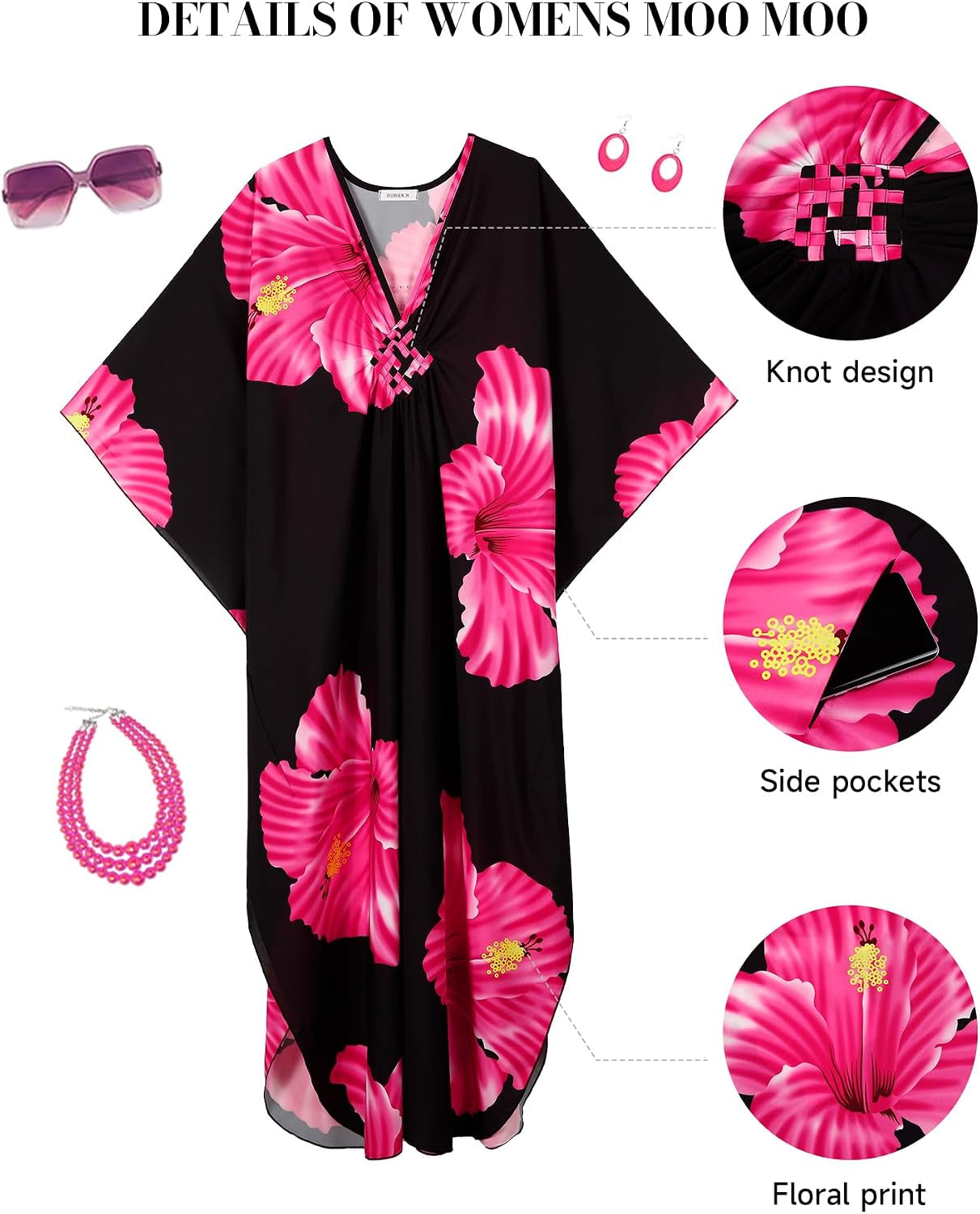 Women Moo Moos Kaftan Dress Floral Print Swimsuit Coverup Caftan | Lightweight Fabric, Deep V-Neck with Batwing Sleeves, One-Size-Fits-All Loungewear or Beach Dress