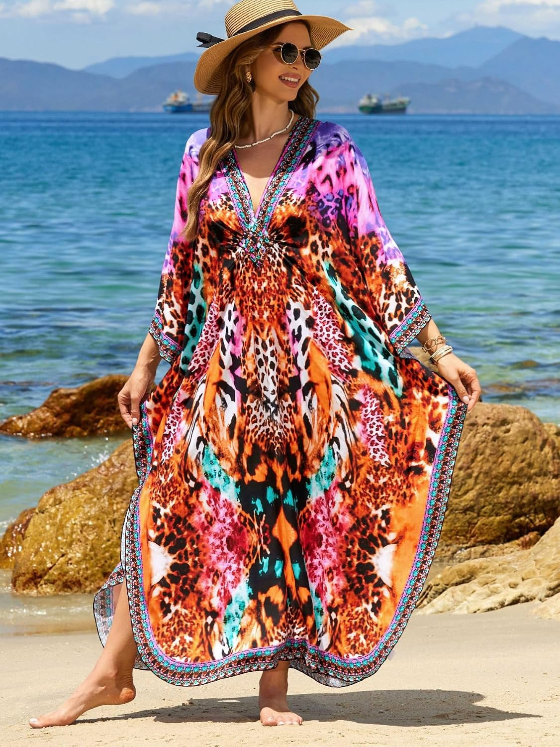 Kaftan Dresses for Women plus Size V-Neck Moo Moos Batwing Kaftan Beach Dress Bathing Suit Cover-Up Loungewear