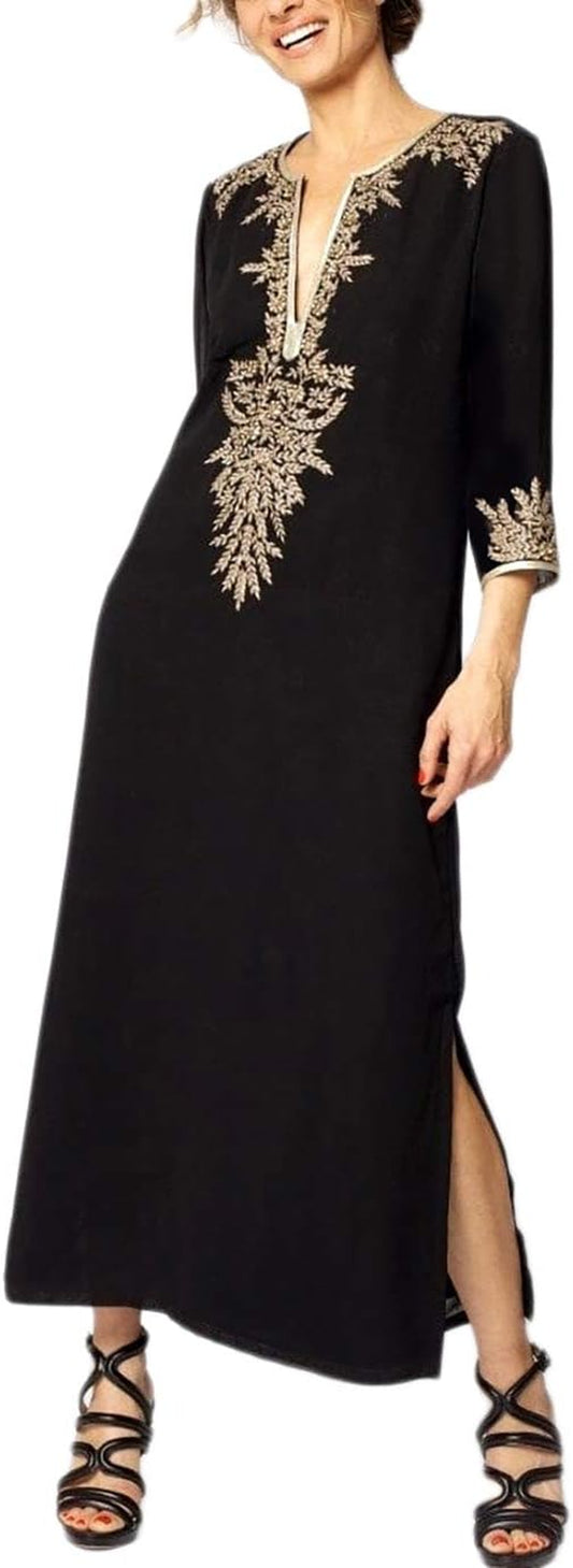 Golden Embroidery Swimsuit Cover Ups for Women 3/4 Sleeve Side Spilt Beach Long Kaftan Dress