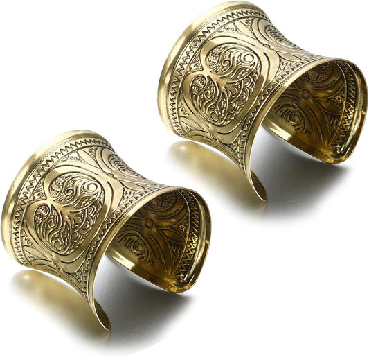2 PCS Cuff Bracelets for Women Vintage Ethnic Wide Open Chunky Gold Silver Wrist Cuff Warp Bracelets for Cosplay or Belly Dance