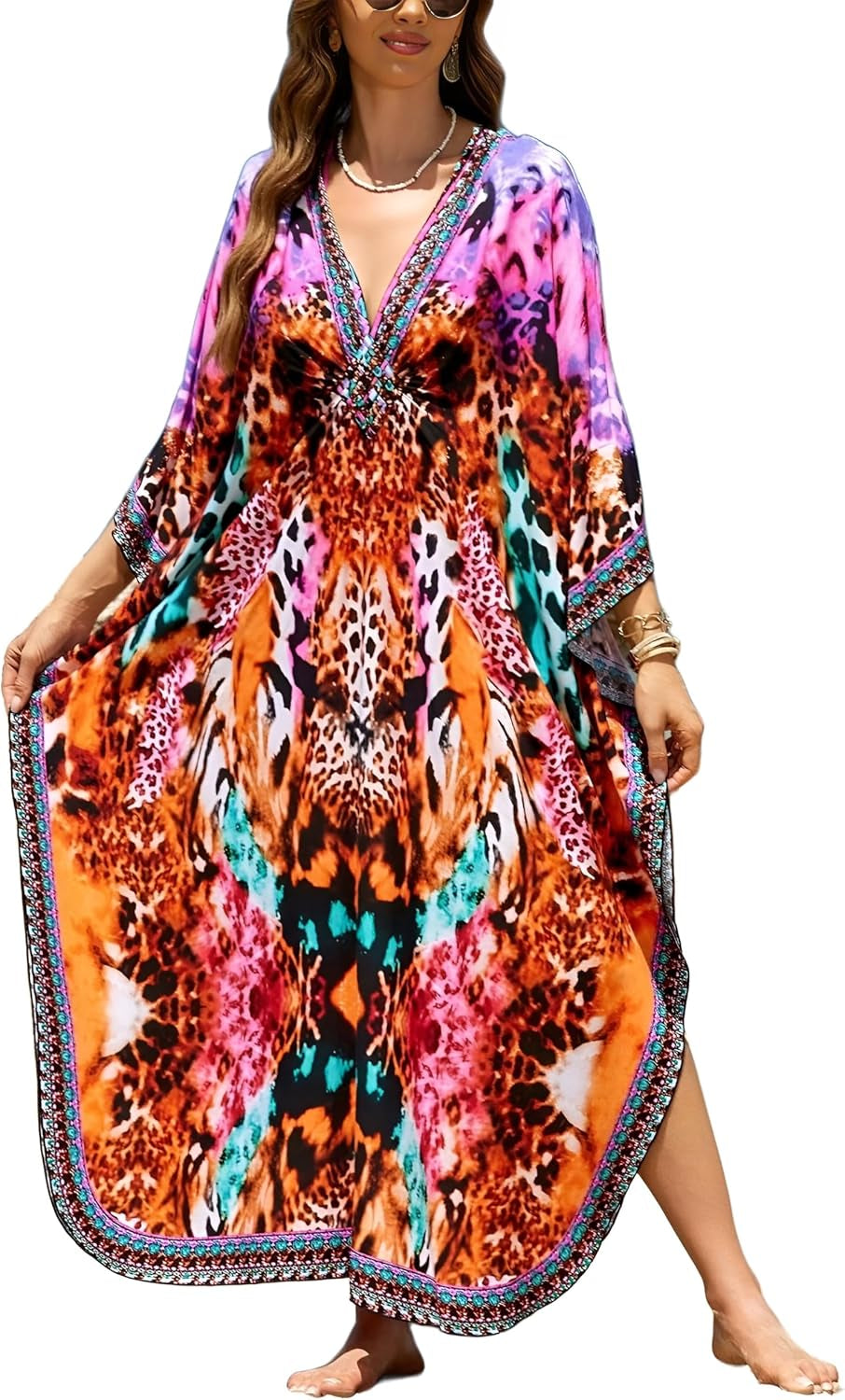 Kaftan Dresses for Women plus Size V-Neck Moo Moos Batwing Kaftan Beach Dress Bathing Suit Cover-Up Loungewear