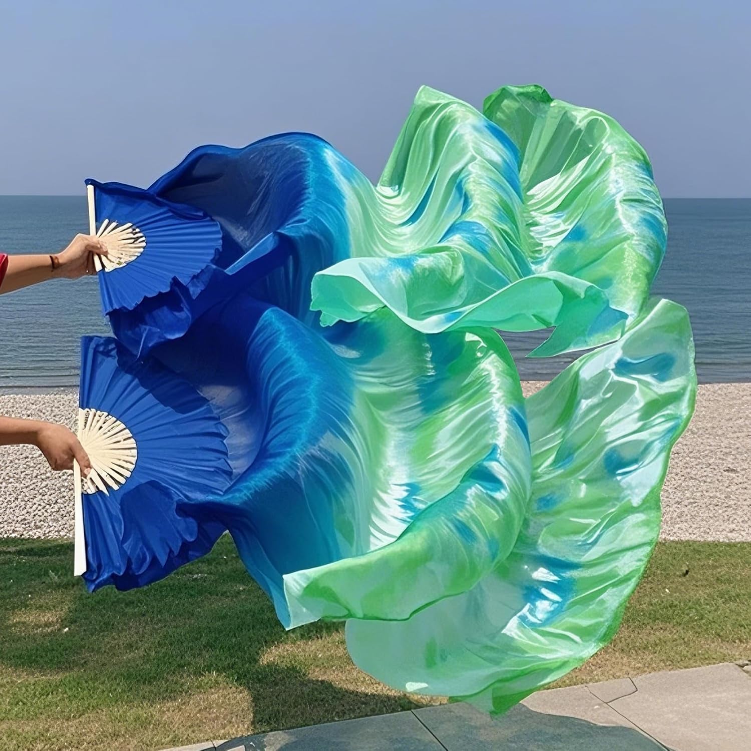 1 Pair(Left+Right) Women Hand Made Real Silk Belly Dance Fan Veils, Giadient Color Length 180Cm Width 90Cm