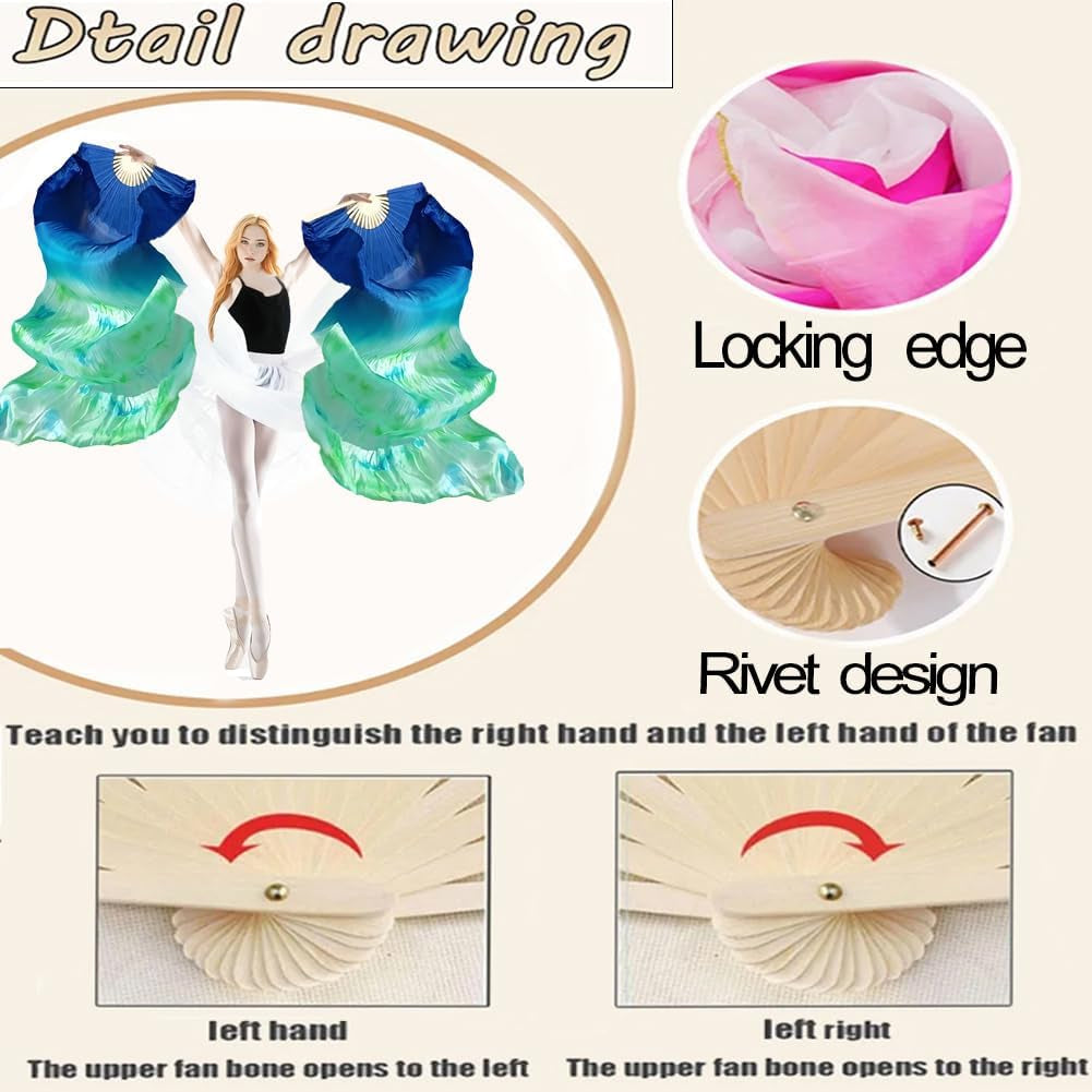 1 Pair(Left+Right) Women Hand Made Real Silk Belly Dance Fan Veils, Giadient Color Length 180Cm Width 90Cm
