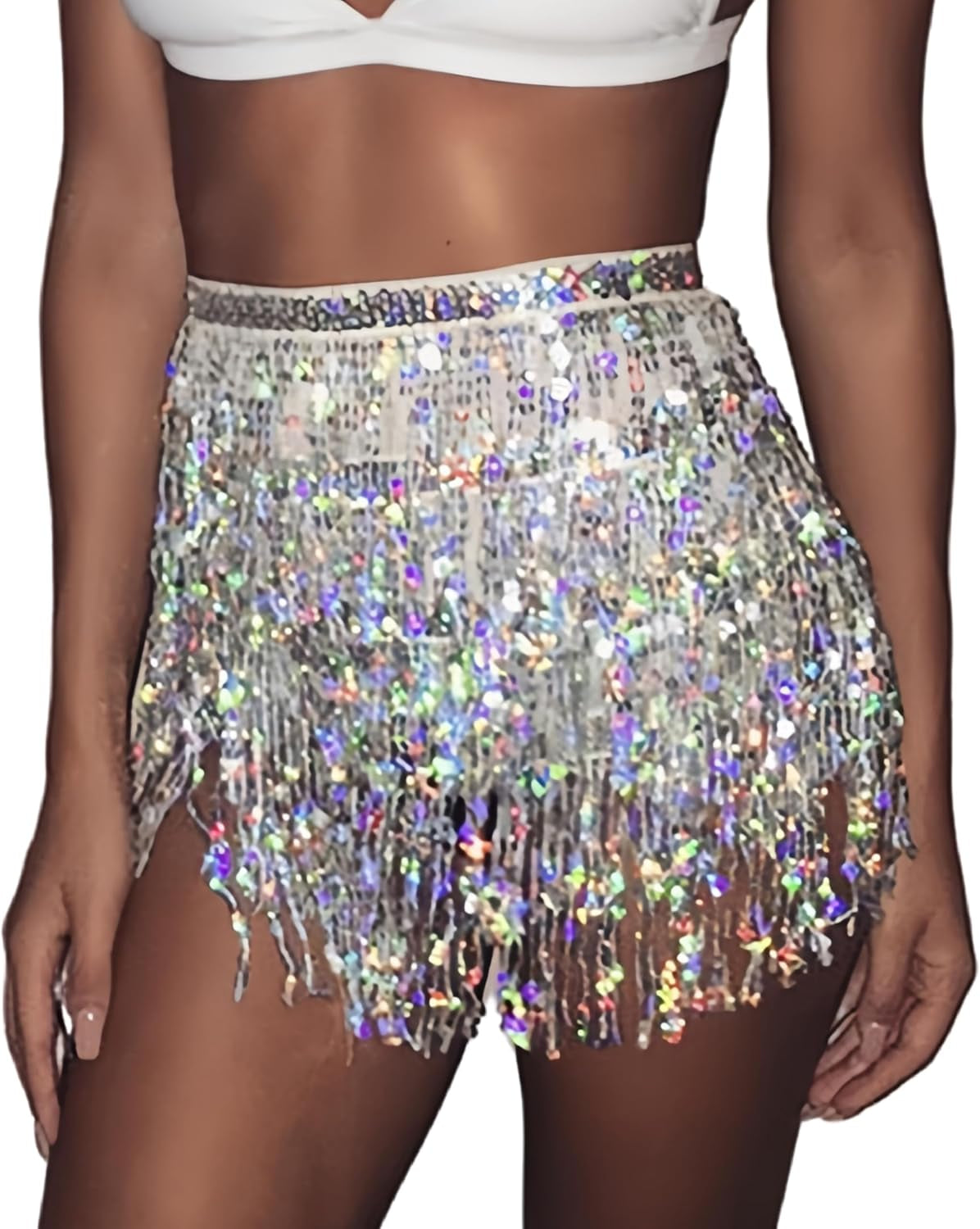 Sequin Tassel Hip Scarf Sequin Tassel Skirts Rave Fringe Hip Scarf for Festival Belly Dance Skirt