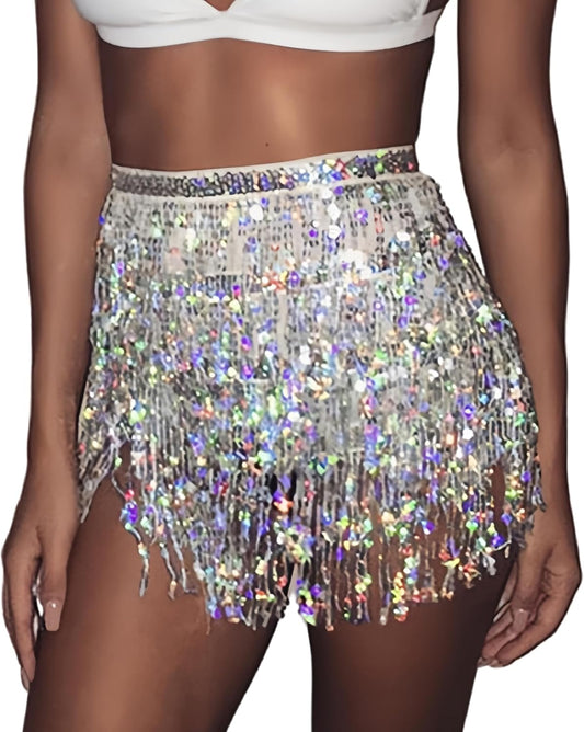 Sequin Tassel Hip Scarf Sequin Tassel Skirts Rave Fringe Hip Scarf for Festival Belly Dance Skirt