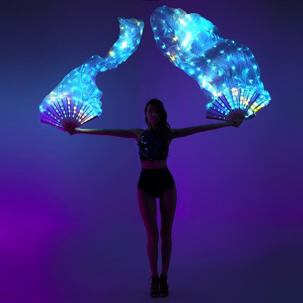 2Pcs Vibrant LED Flow Fans Light up Rave Fan Silk Fans for Dancing Belly Dance Fans LED Fans Rave Festival Wedding Performance Cosplay Carnival Glowing Hand Fan