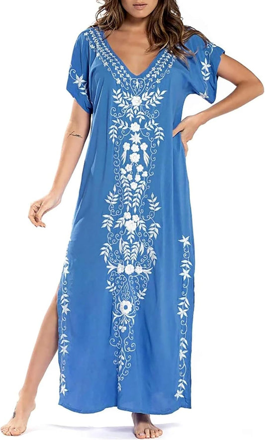 Busbseach Kaftan Dresses for Women Short Sleeve Swim Cover up V Neck Moomoo | Embroidery, Short Sleeve, Beach Cover Up, V Neck, Maxi Kaftan