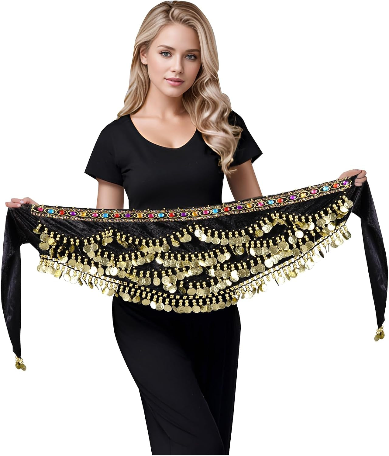Women'S Belly Dance Hip Scarf with Gold Coins Triangular Belly Dancing Wrap Belt for Performance Dance Festival